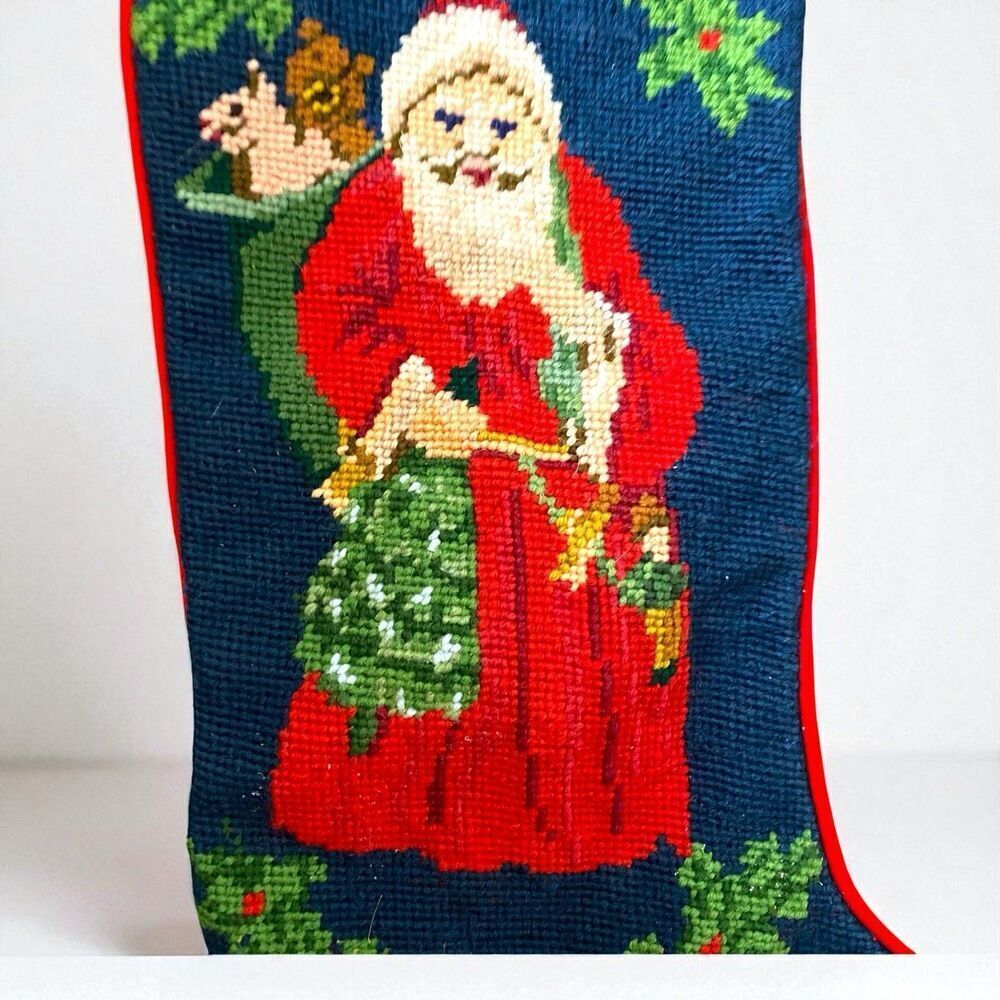 Needlepoint Santa and Teddy Bear Large Christmas Stocking Toys Tree Bow Vintage - Picture 2 of 7